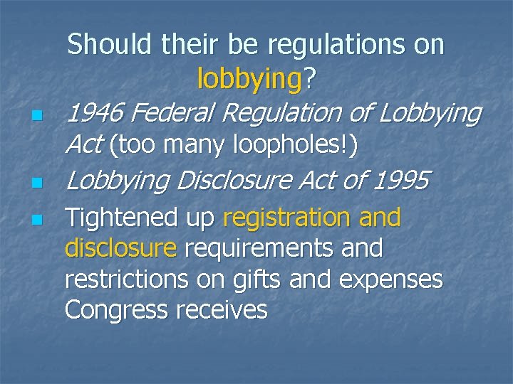 n n n Should their be regulations on lobbying? 1946 Federal Regulation of Lobbying