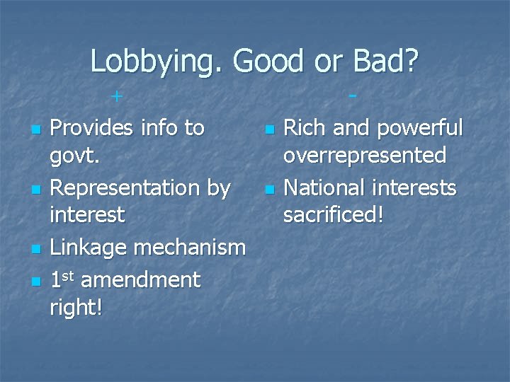 Lobbying. Good or Bad? - + n n Provides info to govt. Representation by