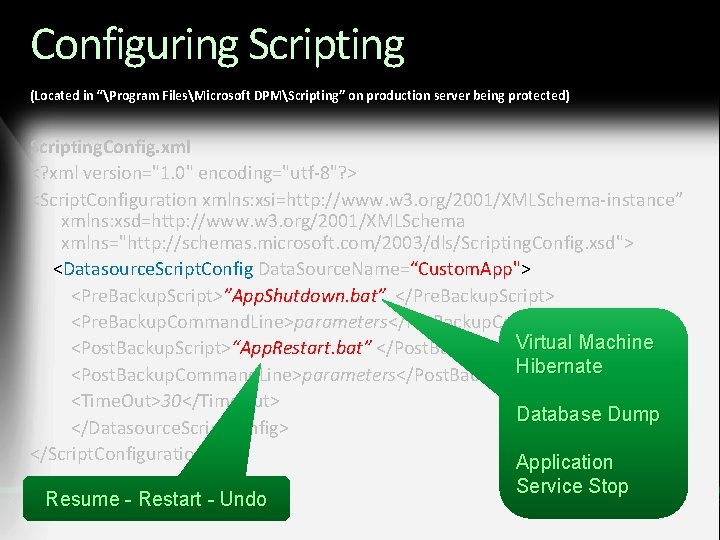 Configuring Scripting (Located in “Program FilesMicrosoft DPMScripting” on production server being protected) Scripting. Config.