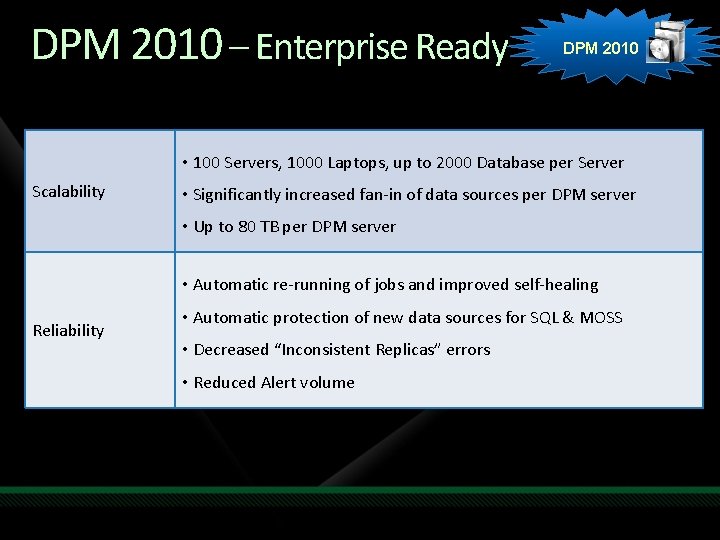 DPM 2010 – Enterprise Ready DPM 2010 • 100 Servers, 1000 Laptops, up to