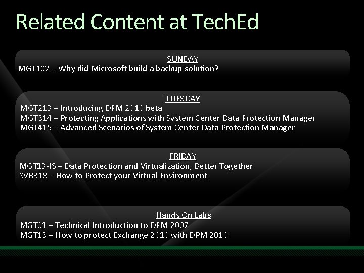 Related Content at Tech. Ed SUNDAY MGT 102 – Why did Microsoft build a