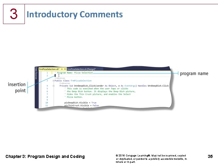 3 Introductory Comments Chapter 3: Program Design and Coding © 2016 Cengage Learning®. May
