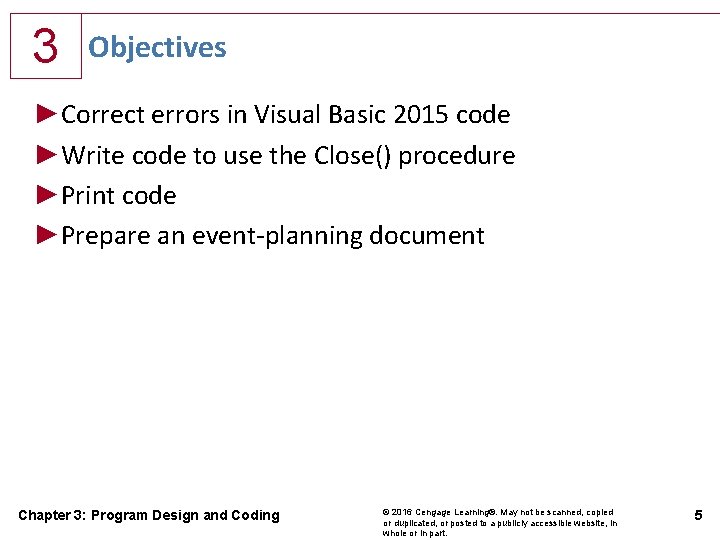 3 Objectives ►Correct errors in Visual Basic 2015 code ►Write code to use the