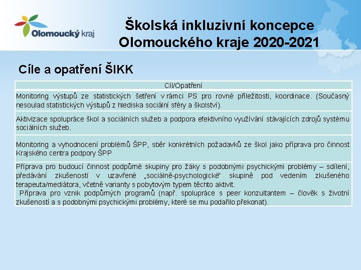 Školská inkluzivní koncepce Olomouckého kraje 2020 -2021 Cíle a opatření ŠIKK Cíl/Opatření Monitoring výstupů