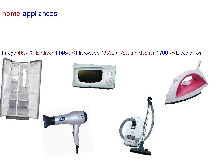 home appliances Fridge 48 W < Hairdryer 1145 W < Microwave 1330 w <