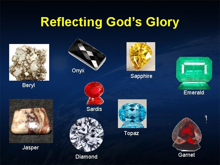 Reflecting God’s Glory Onyx Sapphire Beryl Emerald Sardis Topaz Jasper Diamond Garnet Reflecting God’s Glory Onyx Sapphire Beryl Emerald Sardis Topaz Jasper Diamond Garnet