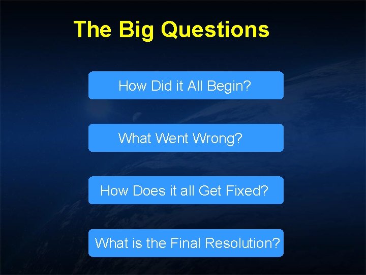 The Big Questions How Did it All Begin? What Went Wrong? How Does it The Big Questions How Did it All Begin? What Went Wrong? How Does it