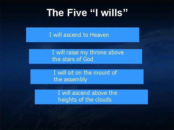 The Five “I wills” I will ascend to Heaven I will raise my throne The Five “I wills” I will ascend to Heaven I will raise my throne