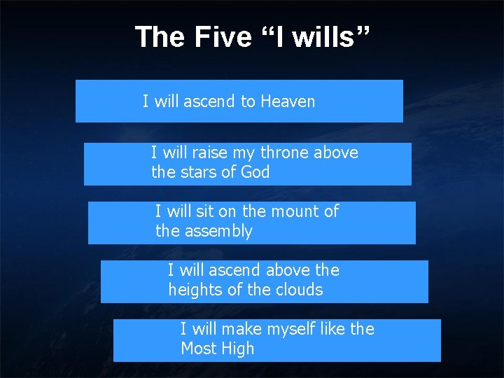 The Five “I wills” I will ascend to Heaven I will raise my throne The Five “I wills” I will ascend to Heaven I will raise my throne