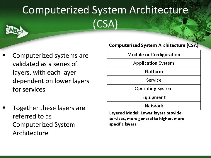 Computerized System Architecture (CSA) § Computerized systems are validated as a series of layers,