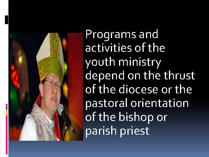 Programs and activities of the youth ministry depend on the thrust of the diocese