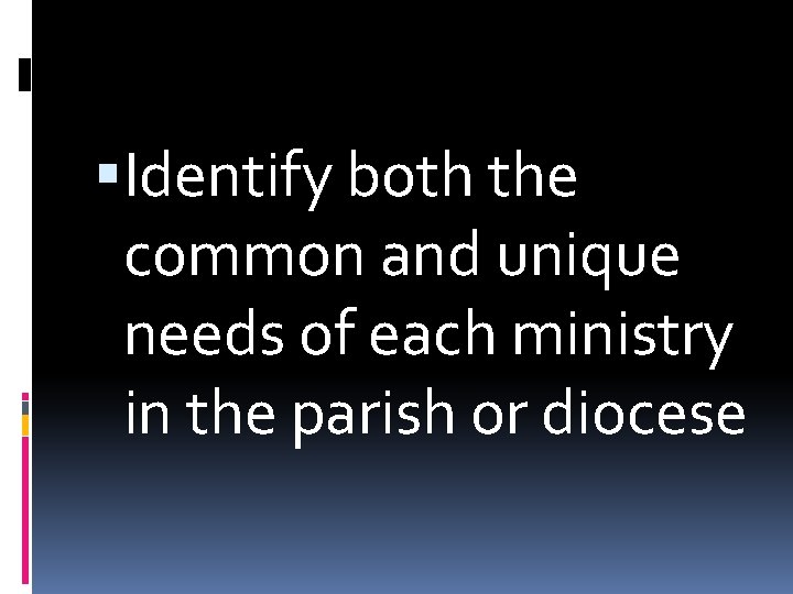  Identify both the common and unique needs of each ministry in the parish