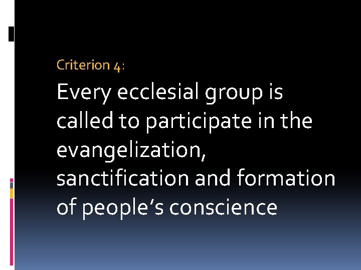 Criterion 4: Every ecclesial group is called to participate in the evangelization, sanctification and