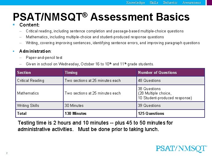 PSAT/NMSQT® Assessment Basics § Content: – – – § Critical reading, including sentence completion