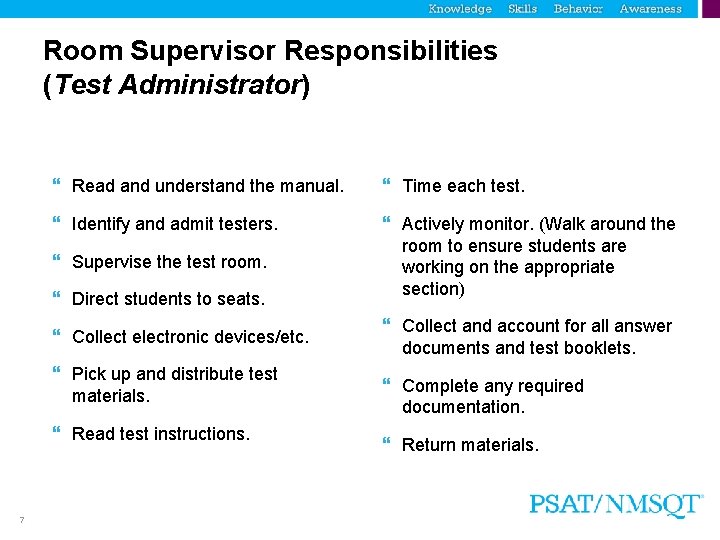Room Supervisor Responsibilities (Test Administrator) Read and understand the manual. Time each test. Identify