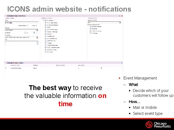 ICONS admin website - notifications § Event Management The best way to receive the