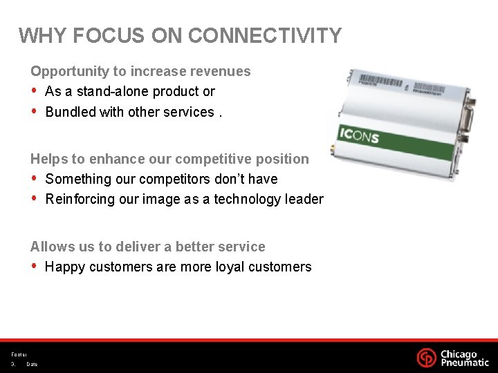 WHY FOCUS ON CONNECTIVITY Opportunity to increase revenues As a stand-alone product or Bundled