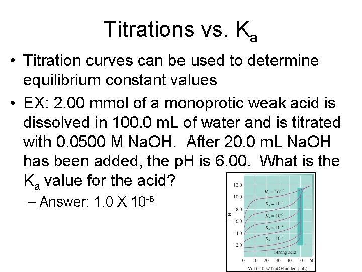Titrations vs. Ka • Titration curves can be used to determine equilibrium constant values