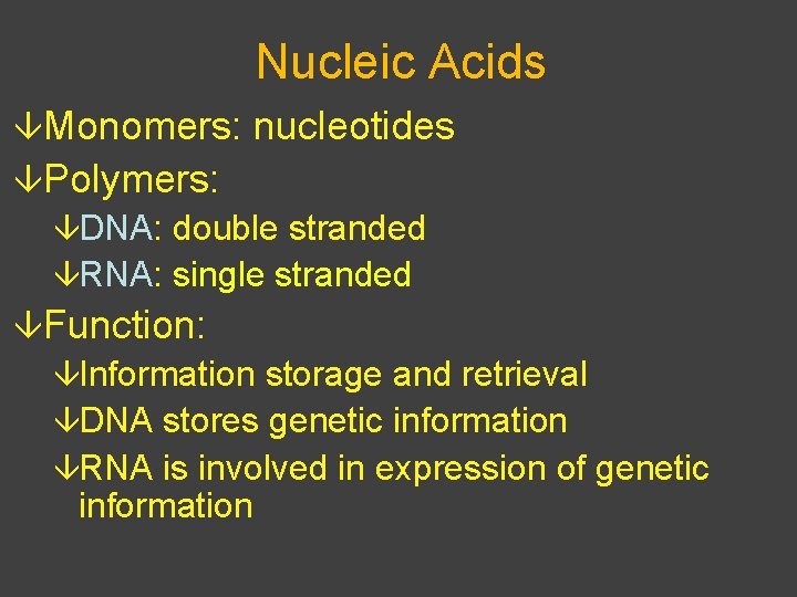 Nucleic Acids âMonomers: nucleotides âPolymers: âDNA: double stranded âRNA: single stranded âFunction: âInformation storage
