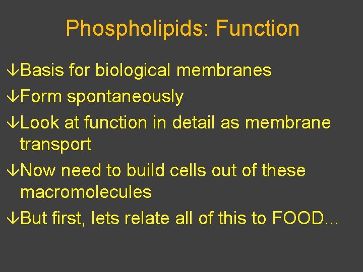 Phospholipids: Function âBasis for biological membranes âForm spontaneously âLook at function in detail as