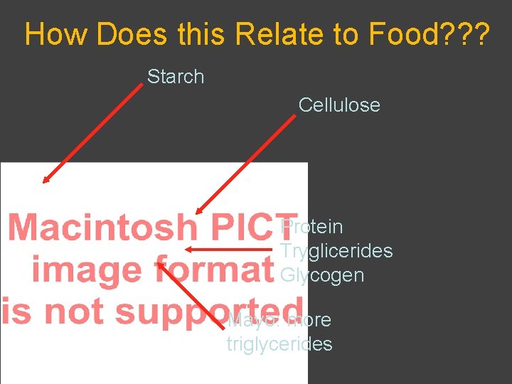 How Does this Relate to Food? ? ? Starch Cellulose Protein Tryglicerides Glycogen Mayo: