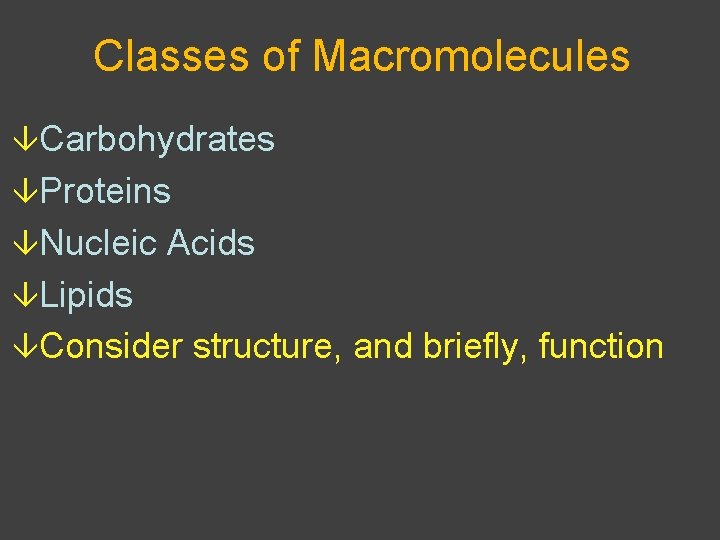 Classes of Macromolecules âCarbohydrates âProteins âNucleic Acids âLipids âConsider structure, and briefly, function 