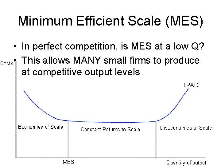 Minimum Efficient Scale (MES) • In perfect competition, is MES at a low Q?