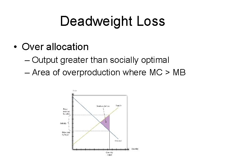 Deadweight Loss • Over allocation – Output greater than socially optimal – Area of