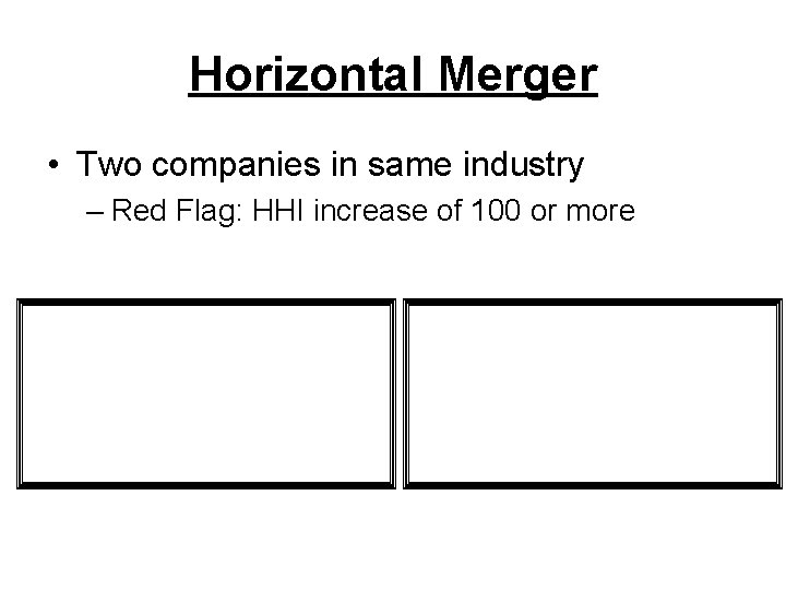 Horizontal Merger • Two companies in same industry – Red Flag: HHI increase of