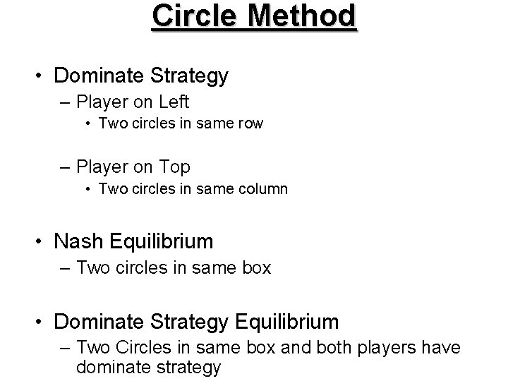Circle Method • Dominate Strategy – Player on Left • Two circles in same