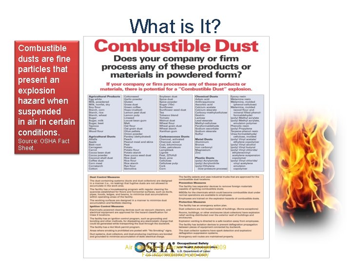 What is It? Combustible dusts are fine particles that present an explosion hazard when