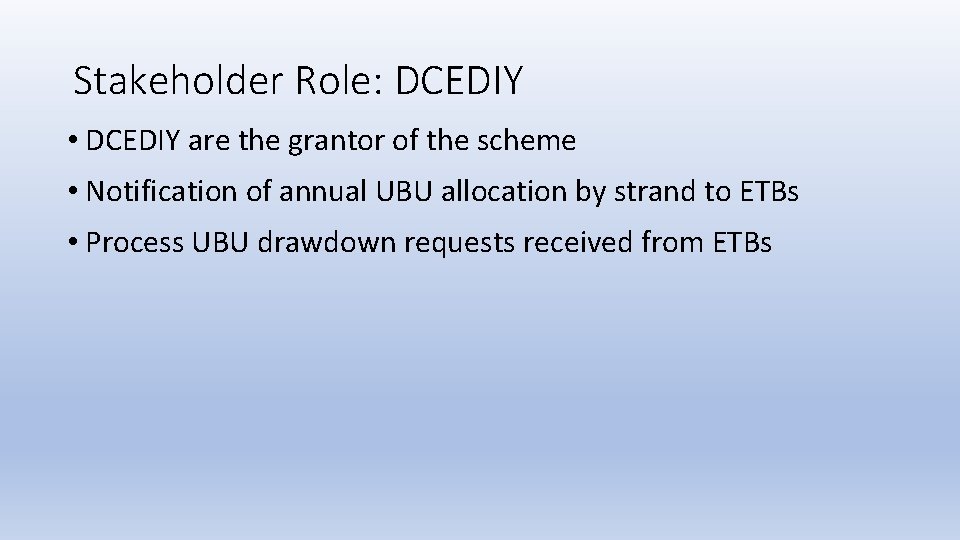 Stakeholder Role: DCEDIY • DCEDIY are the grantor of the scheme • Notification of
