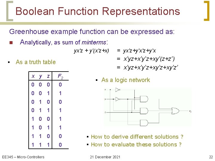 Boolean Function Representations Greenhouse example function can be expressed as: n Analytically, as sum