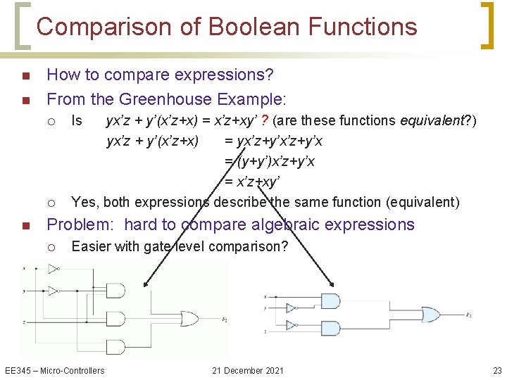 Comparison of Boolean Functions n n How to compare expressions? From the Greenhouse Example: