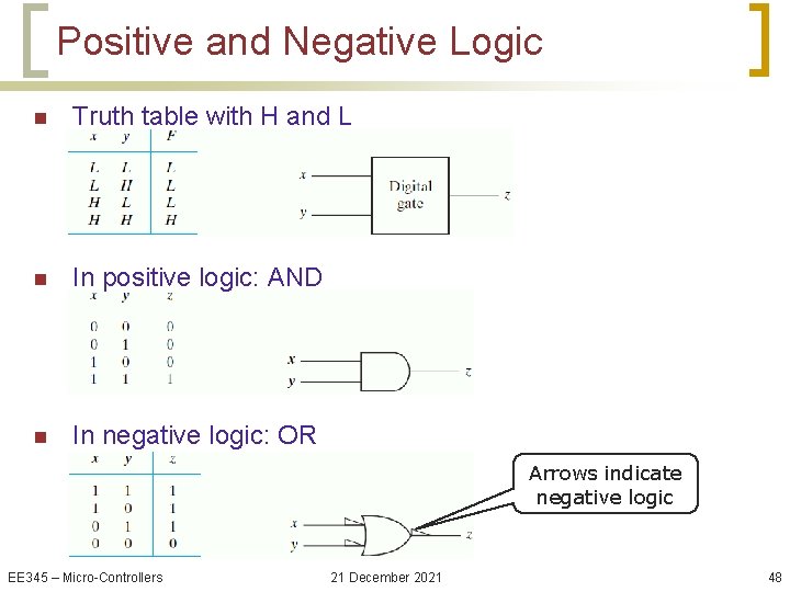 Positive and Negative Logic n Truth table with H and L n In positive