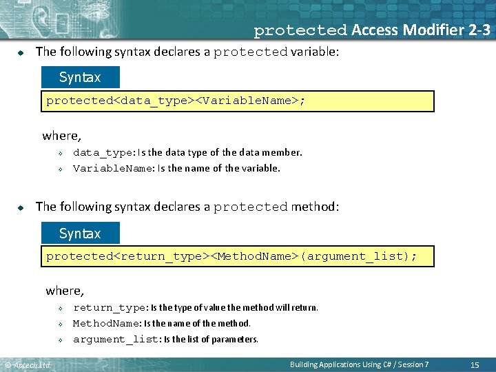 protected Access Modifier 2 -3 u The following syntax declares a protected variable: Syntax protected Access Modifier 2 -3 u The following syntax declares a protected variable: Syntax