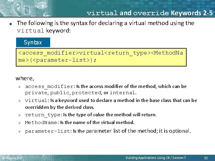 virtual and override Keywords 2 -5 u The following is the syntax for declaring virtual and override Keywords 2 -5 u The following is the syntax for declaring
