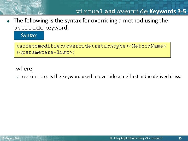 u virtual and override Keywords 3 -5 The following is the syntax for overriding u virtual and override Keywords 3 -5 The following is the syntax for overriding