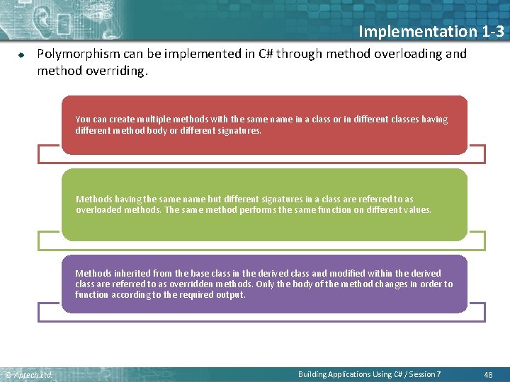 Implementation 1 -3 u Polymorphism can be implemented in C# through method overloading and Implementation 1 -3 u Polymorphism can be implemented in C# through method overloading and