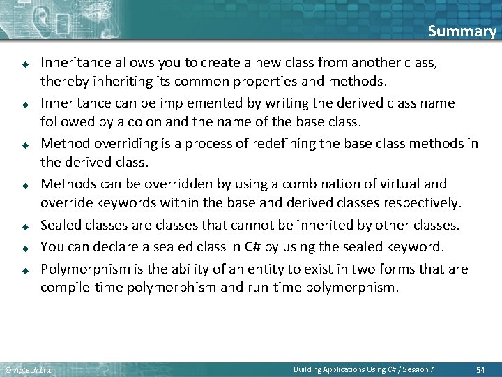 Summary u u u u Inheritance allows you to create a new class from Summary u u u u Inheritance allows you to create a new class from