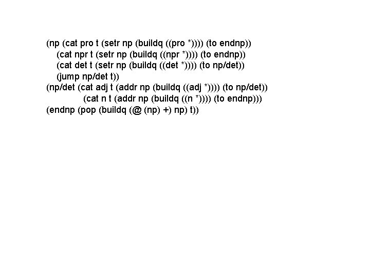(np (cat pro t (setr np (buildq ((pro *)))) (to endnp)) (cat npr t