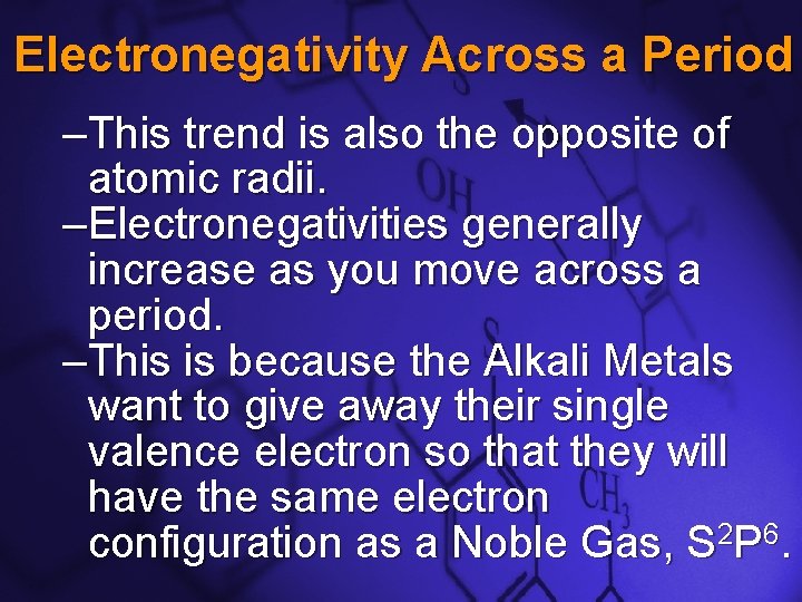 Slide 13 Electronegativity Across a Period –This trend is also the opposite of atomic Slide 13 Electronegativity Across a Period –This trend is also the opposite of atomic
