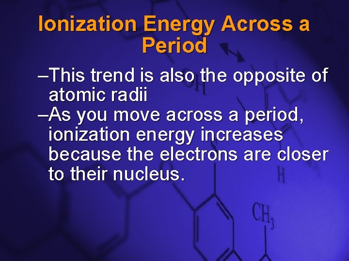 Slide 8 Ionization Energy Across a Period –This trend is also the opposite of Slide 8 Ionization Energy Across a Period –This trend is also the opposite of
