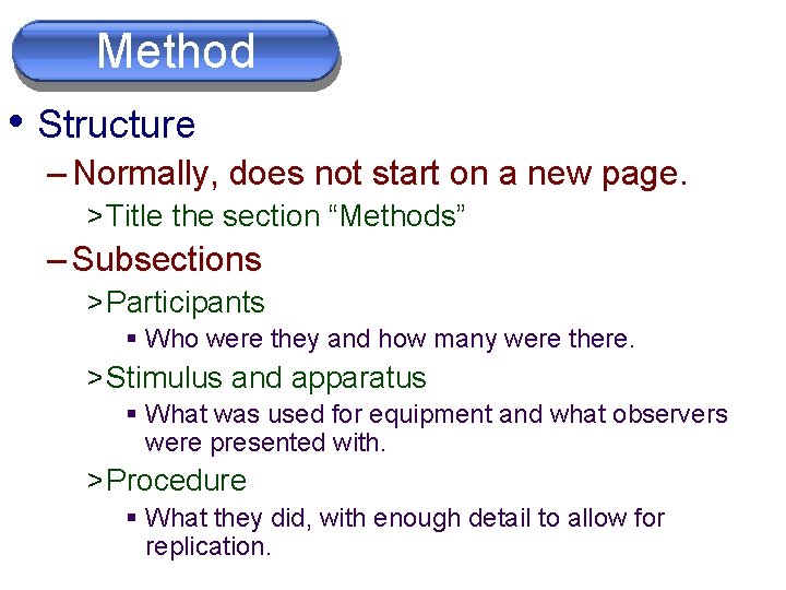 Method • Structure – Normally, does not start on a new page. > Title