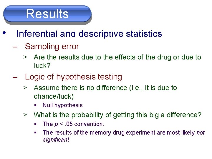 Results Sections (Part I) • Inferential and descriptive statistics – Sampling error > Are