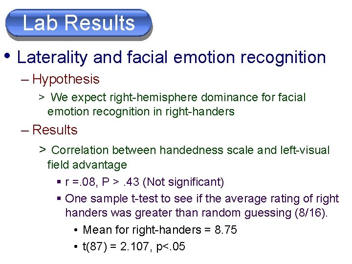 Lab Results • Laterality and facial emotion recognition – Hypothesis > We expect right-hemisphere