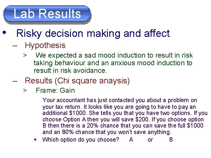 Lab Results • Risky decision making and affect – Hypothesis > We expected a
