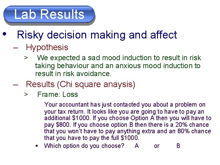 Lab Results • Risky decision making and affect – Hypothesis > We expected a