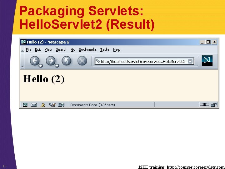 Packaging Servlets: Hello. Servlet 2 (Result) 11 J 2 EE training: http: //courses. coreservlets.