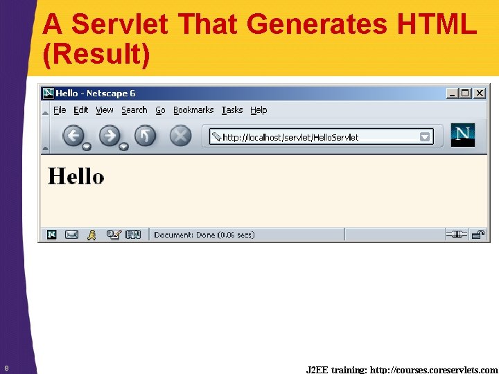 A Servlet That Generates HTML (Result) 8 J 2 EE training: http: //courses. coreservlets.